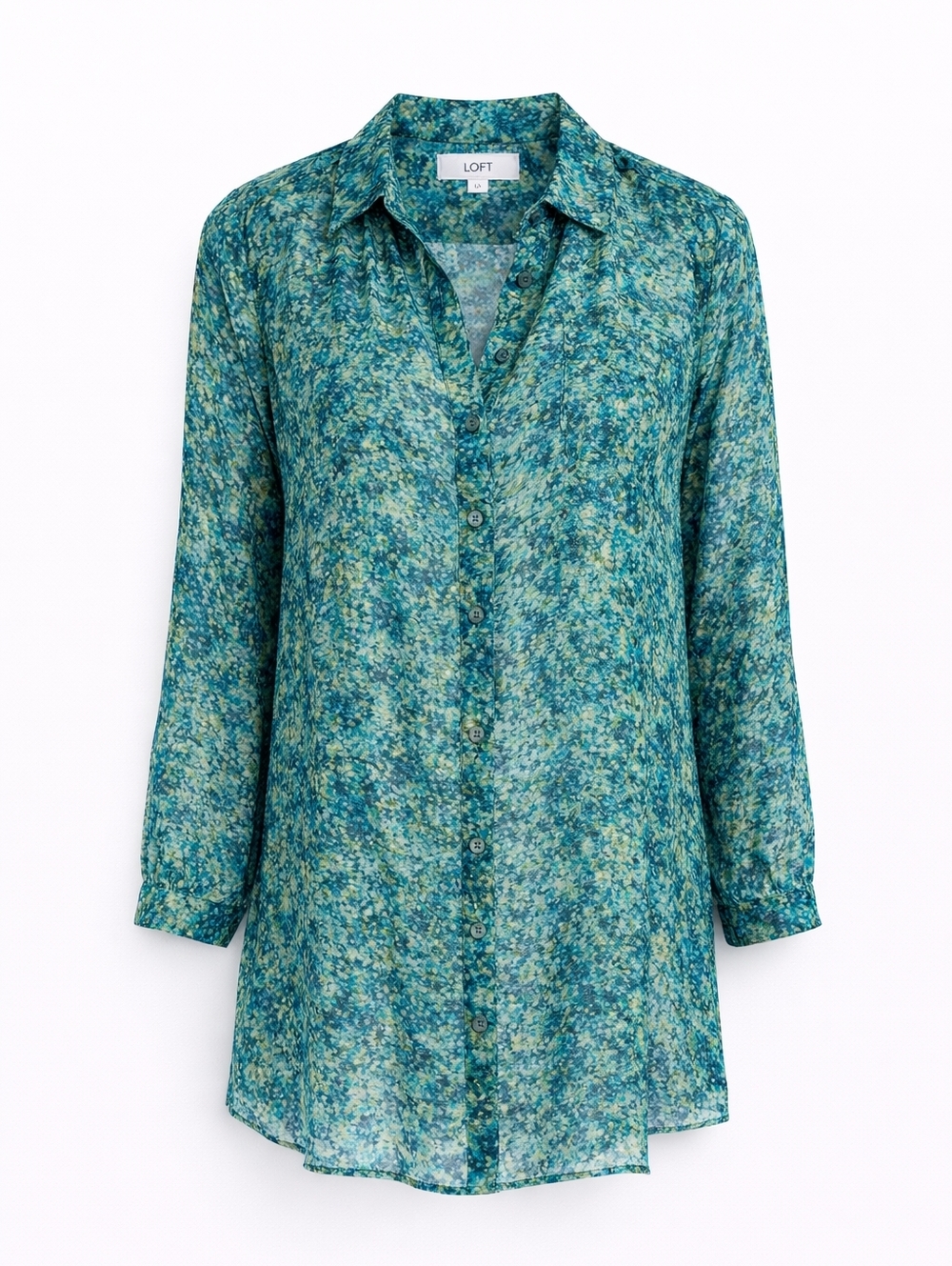 LOFT Watercolor Floral Blouse Blue Green Semi Sheer Button Front Tunic Women’s S